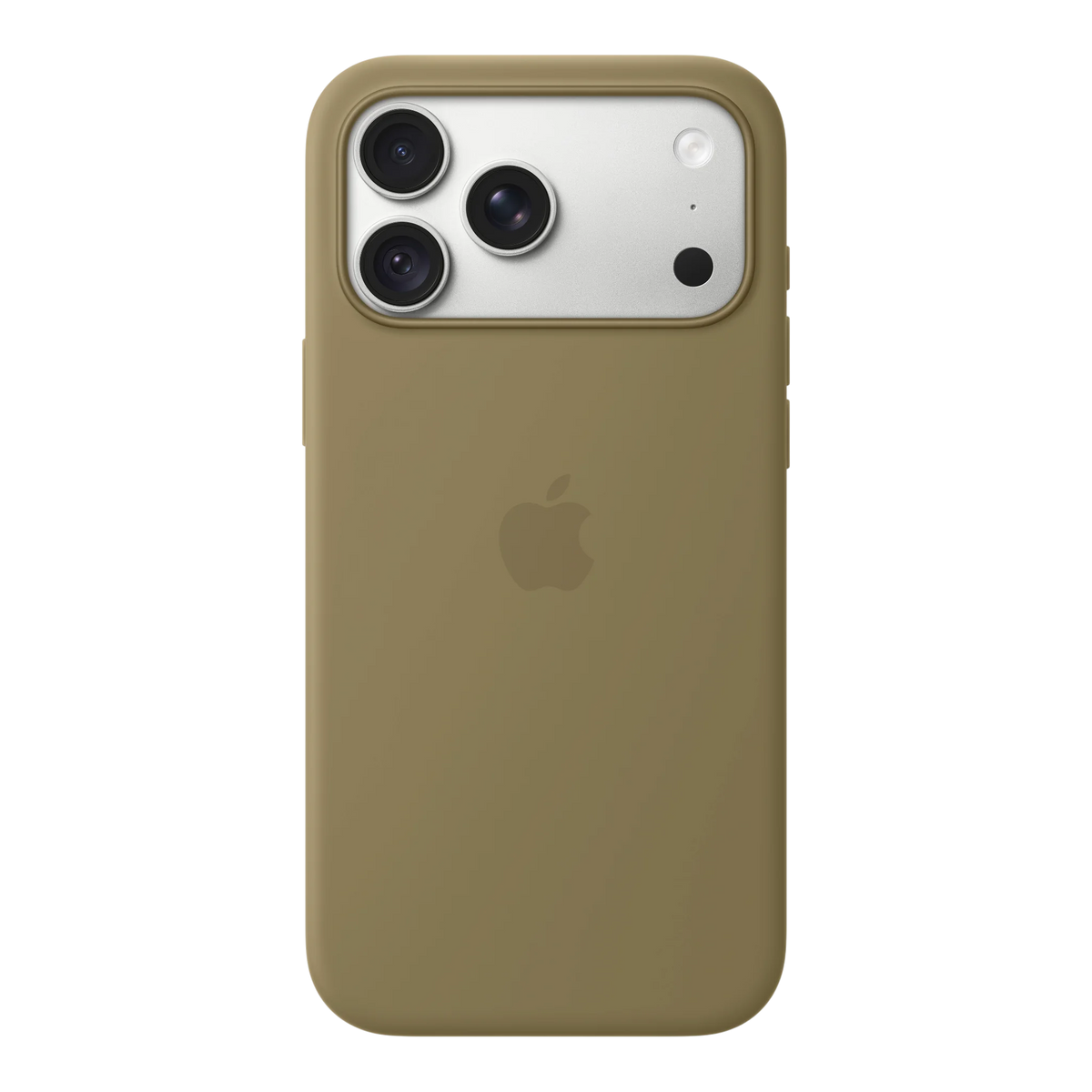 iPhone 18 Pro Max Silicone Case with MagSafe - Olive, back view on iPhone 18 Pro Max in silver
