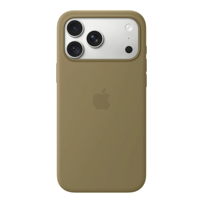 iPhone 18 Pro Max Silicone Case with MagSafe - Olive, back view on iPhone 18 Pro Max in silver