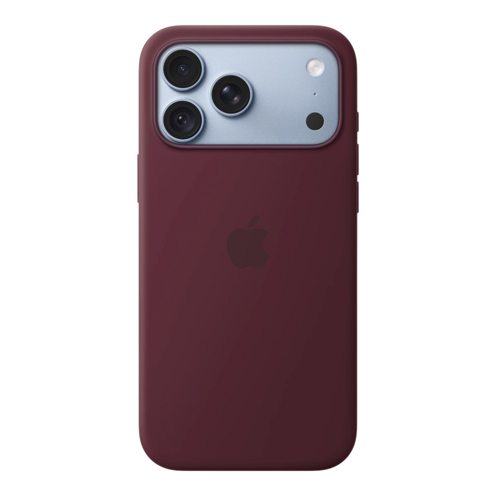 iPhone 18 Pro Max Silicone Case with MagSafe - Burgundy, back view on iPhone 18 Pro Max in glacier