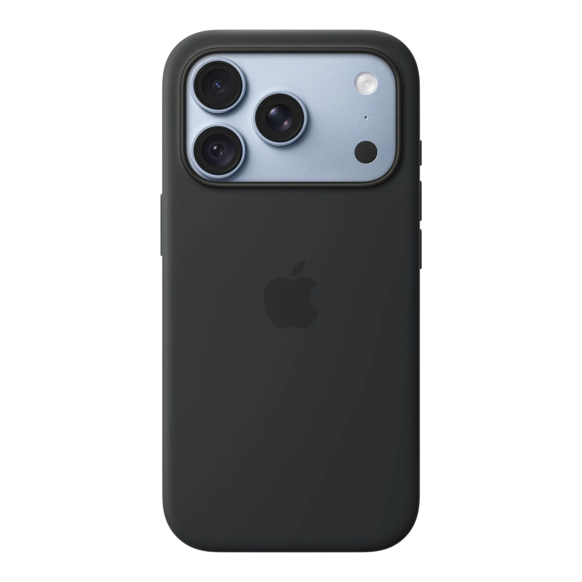 iPhone 18 Pro Silicone Case with MagSafe - Black, back view on iPhone 18 Pro in glacier
