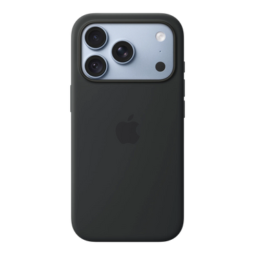 iPhone 18 Pro Silicone Case with MagSafe - Black, back view on iPhone 18 Pro in glacier