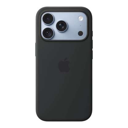 iPhone 18 Pro Silicone Case with MagSafe - Black, back view on iPhone 18 Pro in glacier