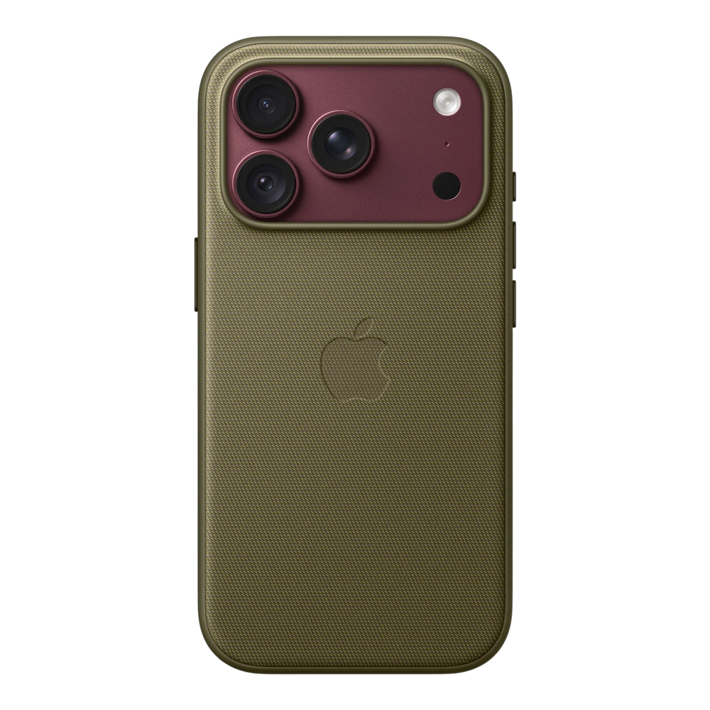 iPhone 18 Pro TechWoven Case with MagSafe – Olive, back view on iPhone 18 Pro in burgundy