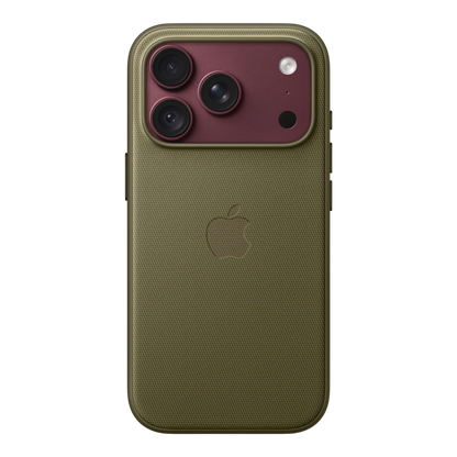 iPhone 18 Pro TechWoven Case with MagSafe – Olive, back view on iPhone 18 Pro in burgundy