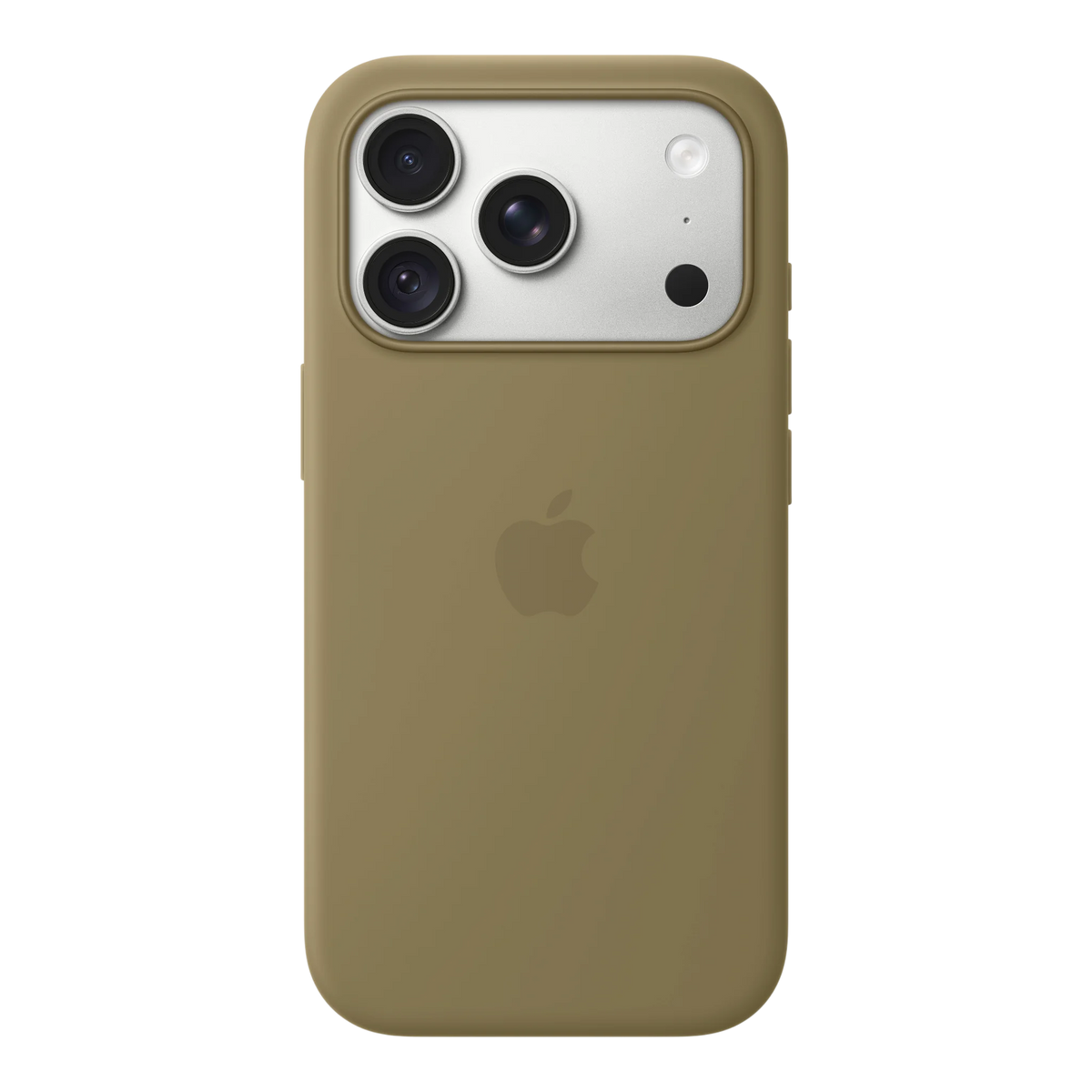 iPhone 18 Pro Silicone Case with MagSafe - Olive, back view on iPhone 18 Pro in silver