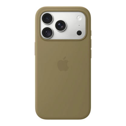 iPhone 18 Pro Silicone Case with MagSafe - Olive, back view on iPhone 18 Pro in silver