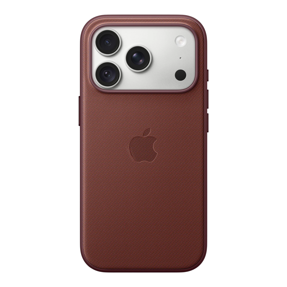 iPhone 18 Pro TechWoven Case with MagSafe – Burgundy, back view on iPhone 18 Pro in silver