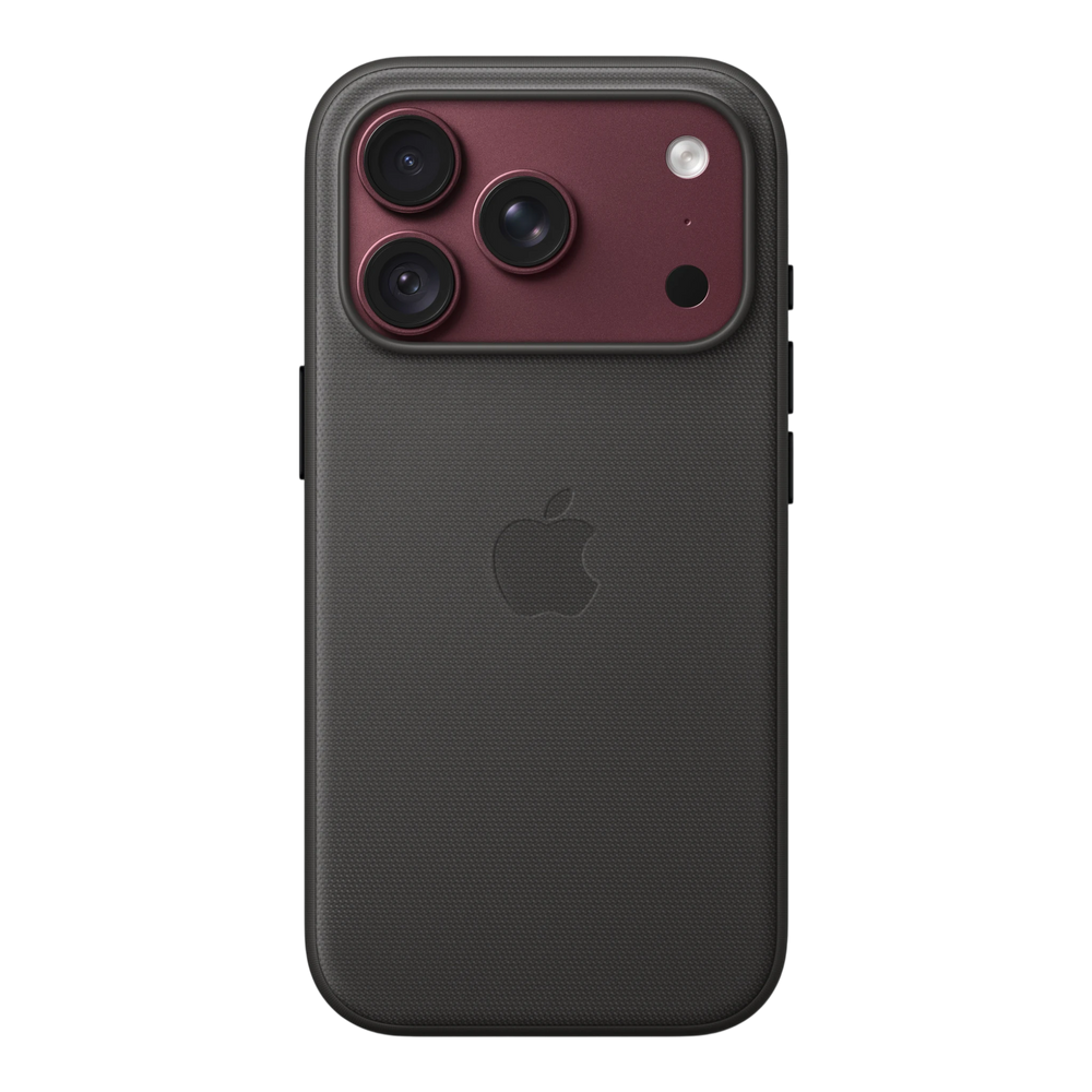 iPhone 18 Pro TechWoven Case with MagSafe – Black, back view on iPhone 18 Pro in burgundy