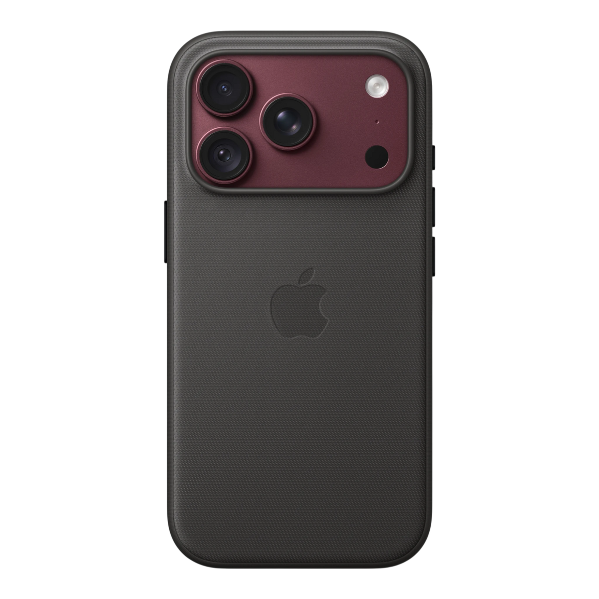 iPhone 18 Pro TechWoven Case with MagSafe – Black, back view on iPhone 18 Pro in burgundy