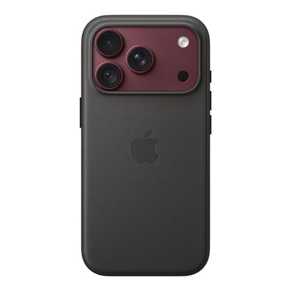 iPhone 18 Pro TechWoven Case with MagSafe – Black, back view on iPhone 18 Pro in burgundy