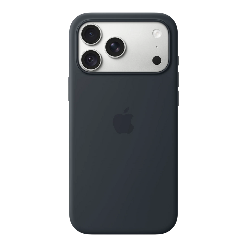 iPhone 18 Pro Max Silicone Case with MagSafe - Navy Blue, back view on iPhone 18 Pro Max in silver