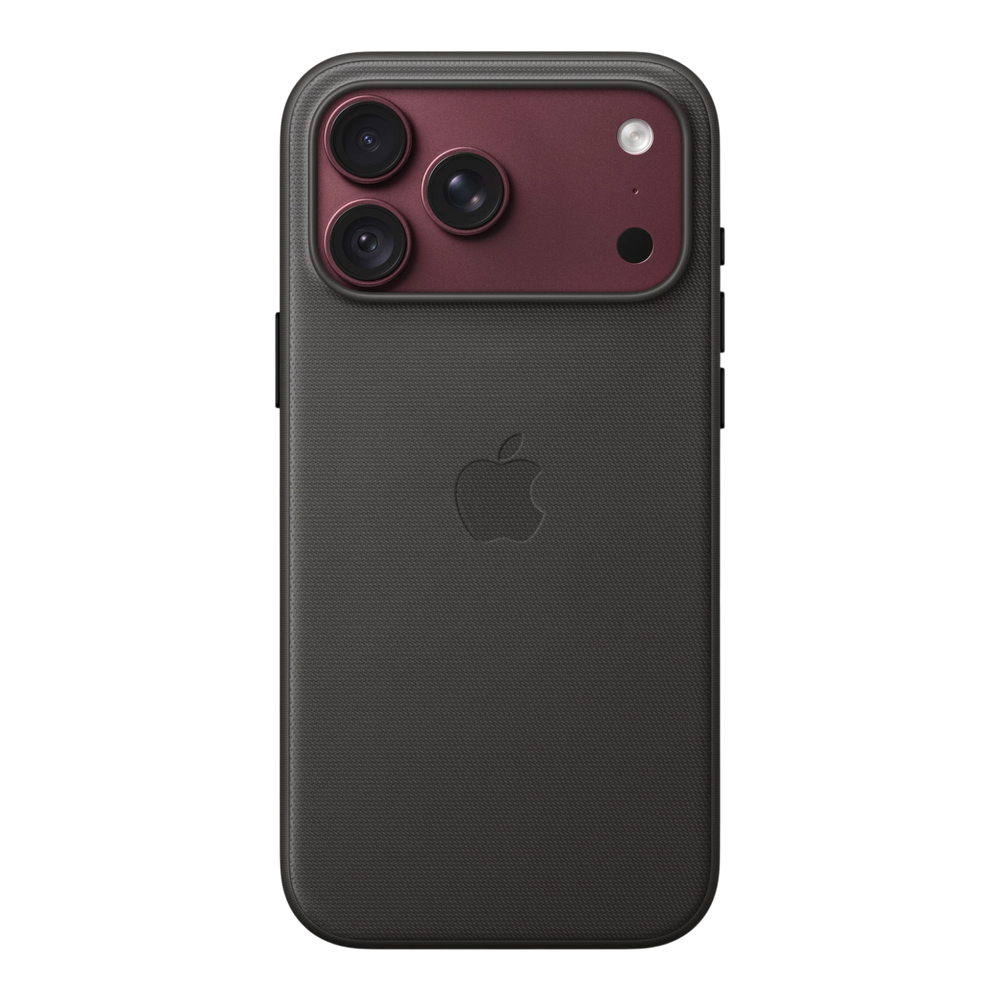 iPhone 18 Pro Max TechWoven Case with MagSafe – Black, back view on iPhone 18 Pro Max in burgundy