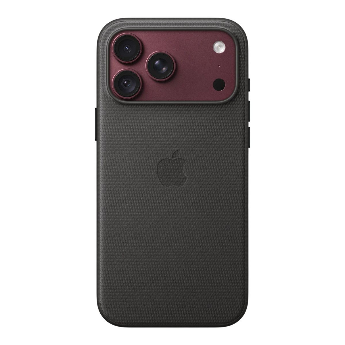 iPhone 18 Pro Max TechWoven Case with MagSafe – Black, back view on iPhone 18 Pro Max in burgundy