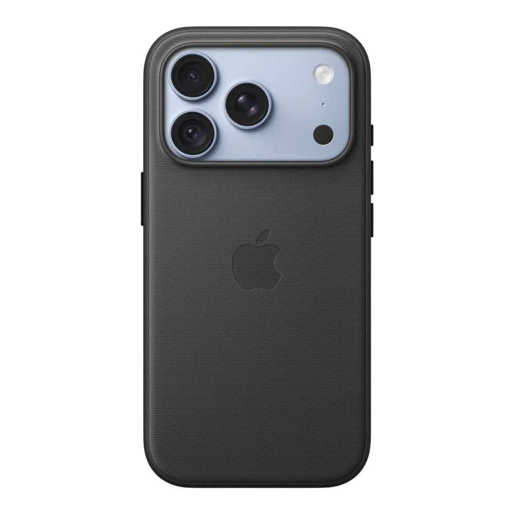 iPhone 18 Pro TechWoven Case with MagSafe – Black, back view on iPhone 18 Pro in glacier