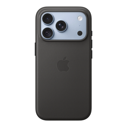 iPhone 18 Pro TechWoven Case with MagSafe – Black, back view on iPhone 18 Pro in glacier
