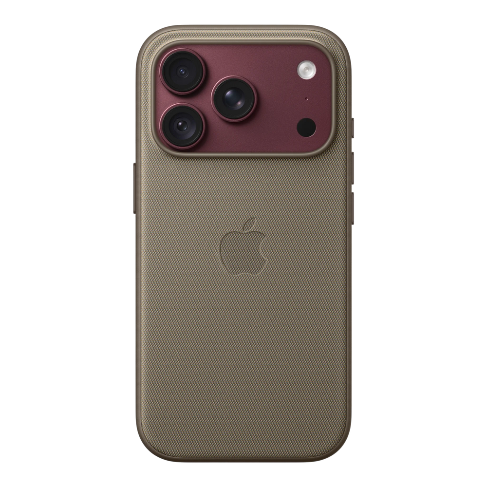 iPhone 18 Pro TechWoven Case with MagSafe – Taupe, back view on iPhone 18 Pro in burgundy