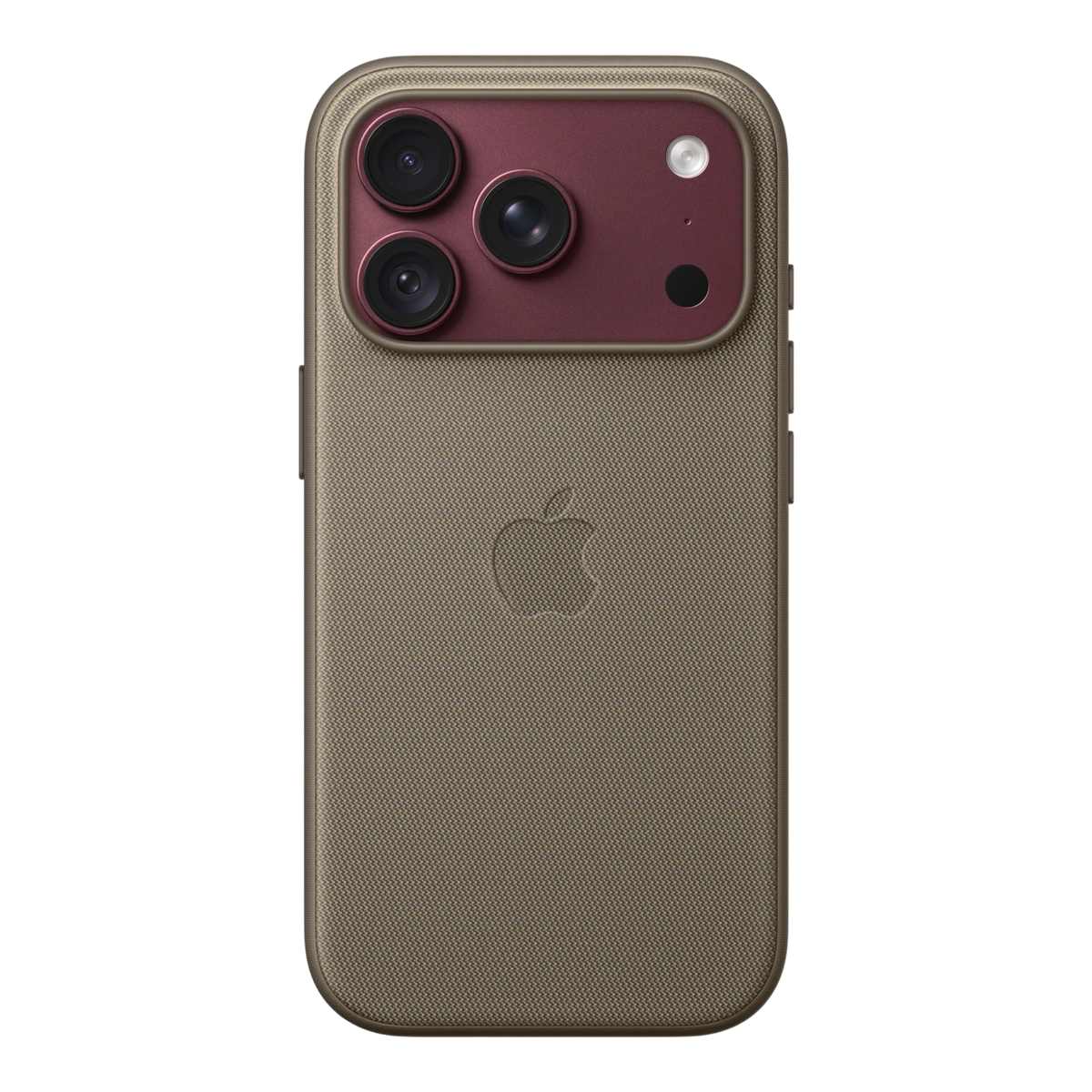 iPhone 18 Pro TechWoven Case with MagSafe – Taupe, back view on iPhone 18 Pro in burgundy