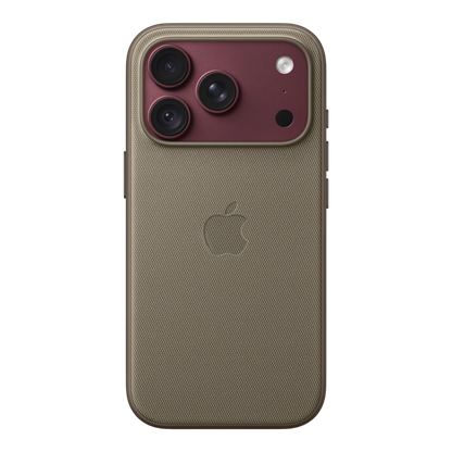 iPhone 18 Pro TechWoven Case with MagSafe – Taupe, back view on iPhone 18 Pro in burgundy