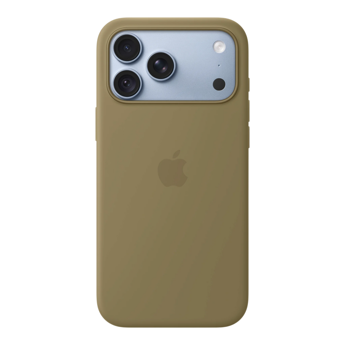 iPhone 18 Pro Max Silicone Case with MagSafe - Olive, back view on iPhone 18 Pro Max in glacier