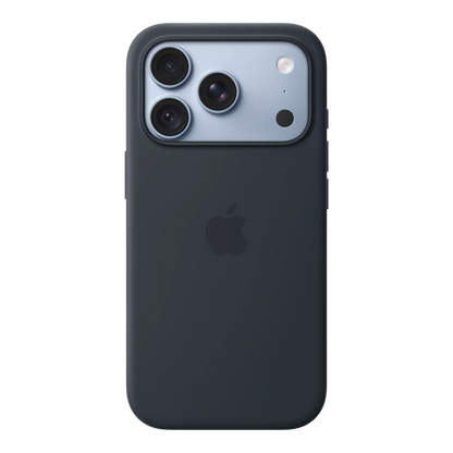 iPhone 18 Pro Silicone Case with MagSafe - Navy Blue, back view on iPhone 18 Pro in glacier