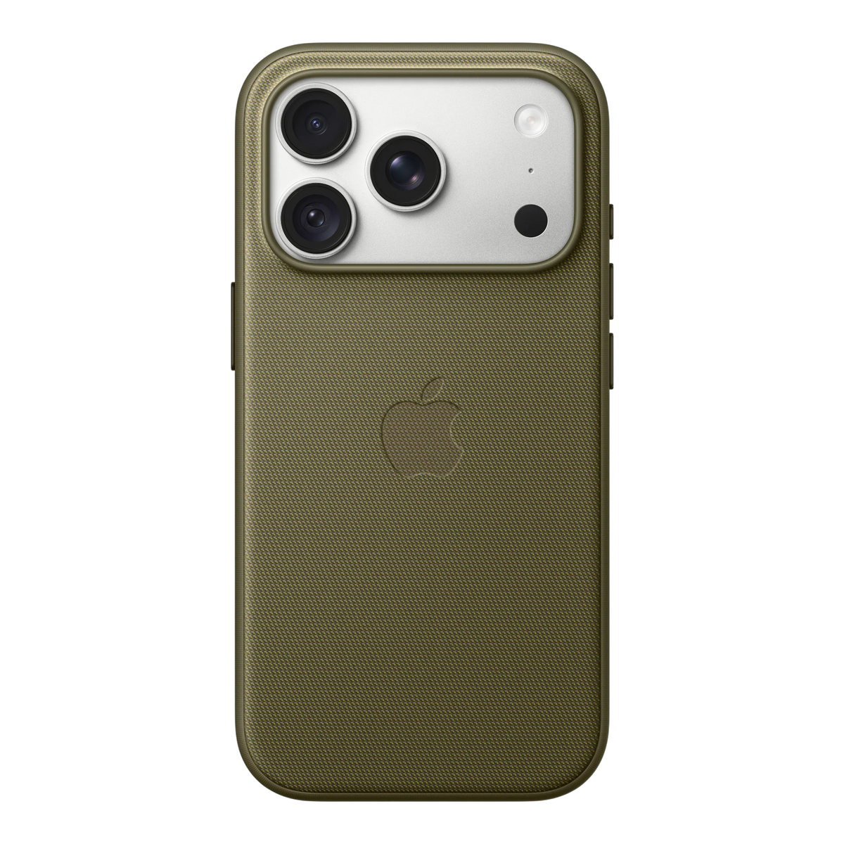 iPhone 18 Pro TechWoven Case with MagSafe – Olive, back view on iPhone 18 Pro in silver