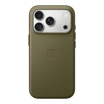 iPhone 18 Pro TechWoven Case with MagSafe – Olive, back view on iPhone 18 Pro in silver