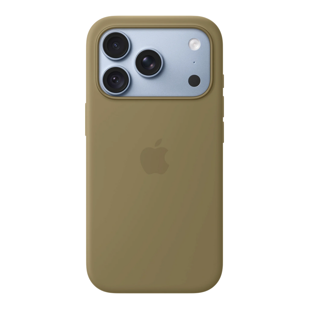 iPhone 18 Pro Silicone Case with MagSafe - Olive, back view on iPhone 18 Pro in glacier