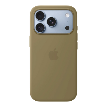 iPhone 18 Pro Silicone Case with MagSafe - Olive, back view on iPhone 18 Pro in glacier