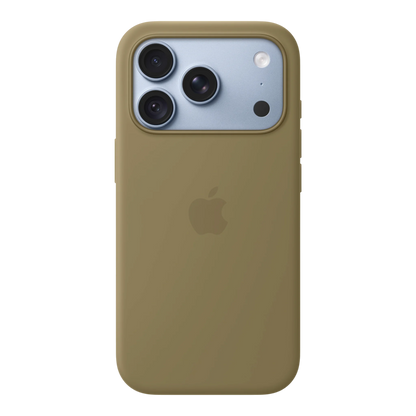 iPhone 18 Pro Silicone Case with MagSafe - Olive, back view on iPhone 18 Pro in glacier