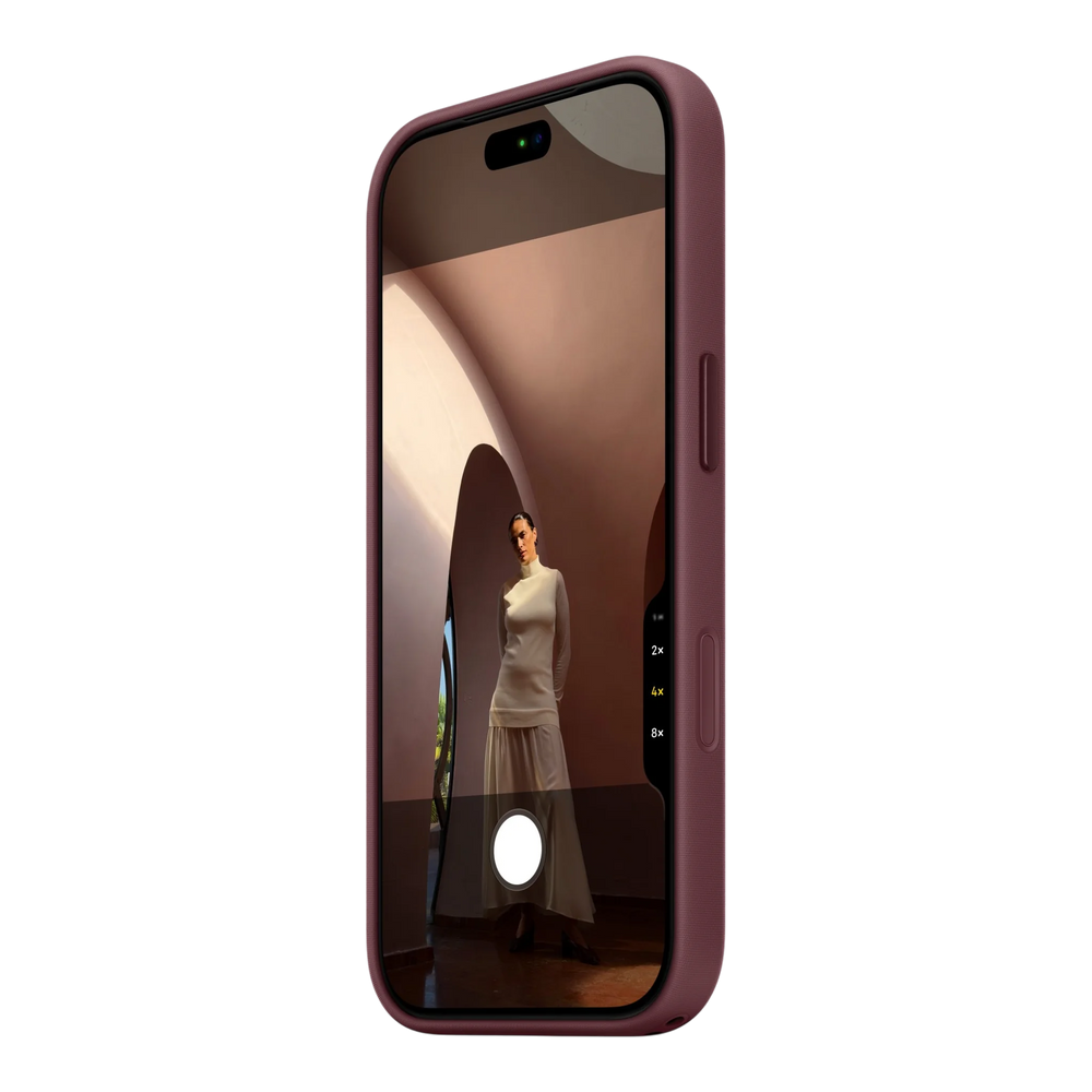 iPhone 18 Pro TechWoven Case with MagSafe – Burgundy, side view on iPhone 18 Pro
