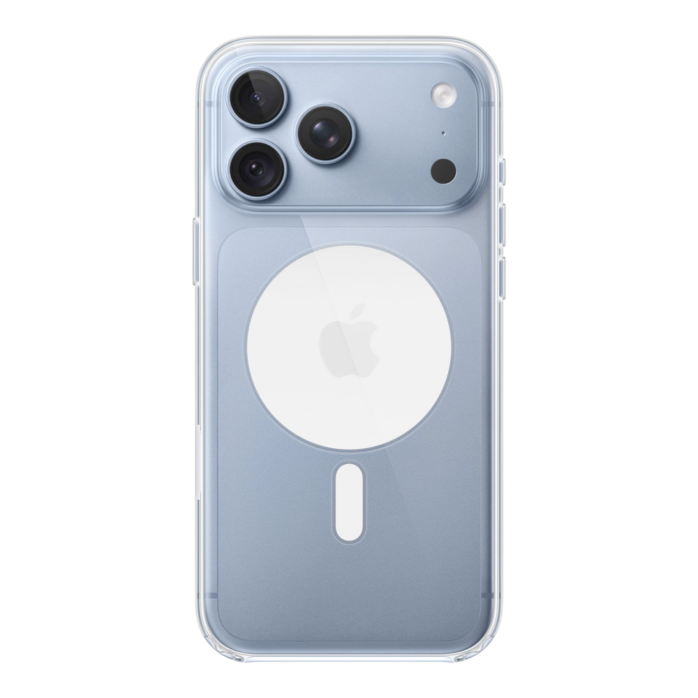 iPhone 18 Pro Max Clear Case with MagSafe, back view on iPhone 18 Pro Max in glacier