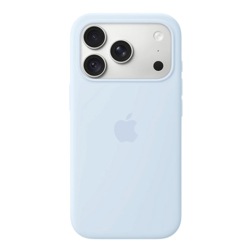 iPhone 18 Pro Silicone Case with MagSafe - Crisp Blue, back view on iPhone 18 Pro in silver