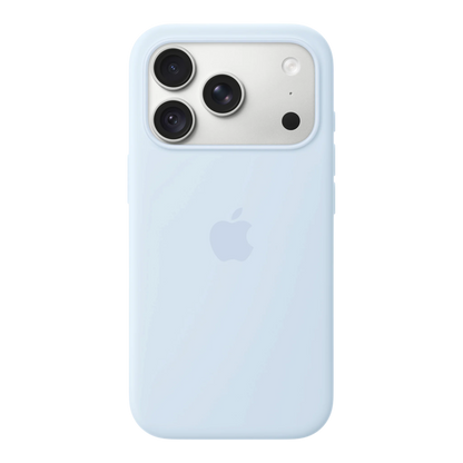 iPhone 18 Pro Silicone Case with MagSafe - Crisp Blue, back view on iPhone 18 Pro in silver