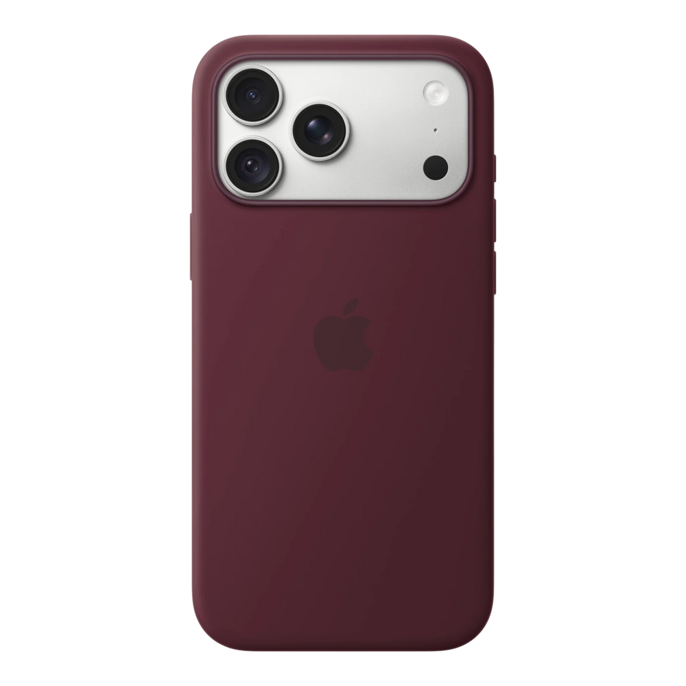 iPhone 18 Pro Max Silicone Case with MagSafe - Burgundy, back view on iPhone 18 Pro Max in silver