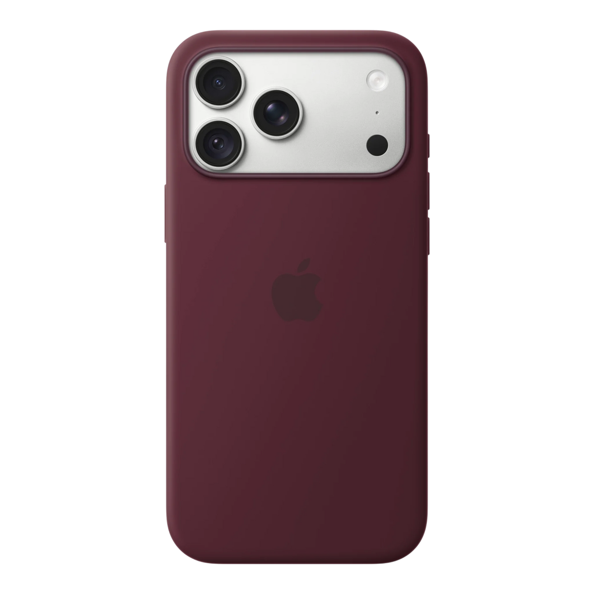 iPhone 18 Pro Max Silicone Case with MagSafe - Burgundy, back view on iPhone 18 Pro Max in silver
