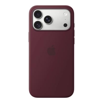 iPhone 18 Pro Max Silicone Case with MagSafe - Burgundy, back view on iPhone 18 Pro Max in silver