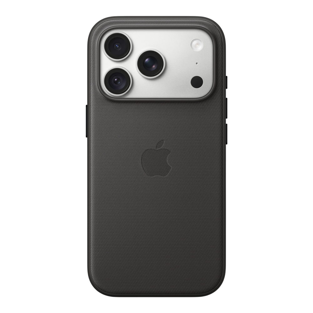 iPhone 18 Pro TechWoven Case with MagSafe – Black, back view on iPhone 18 Pro in silver