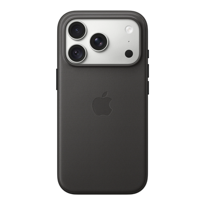 iPhone 18 Pro TechWoven Case with MagSafe – Black, back view on iPhone 18 Pro in silver
