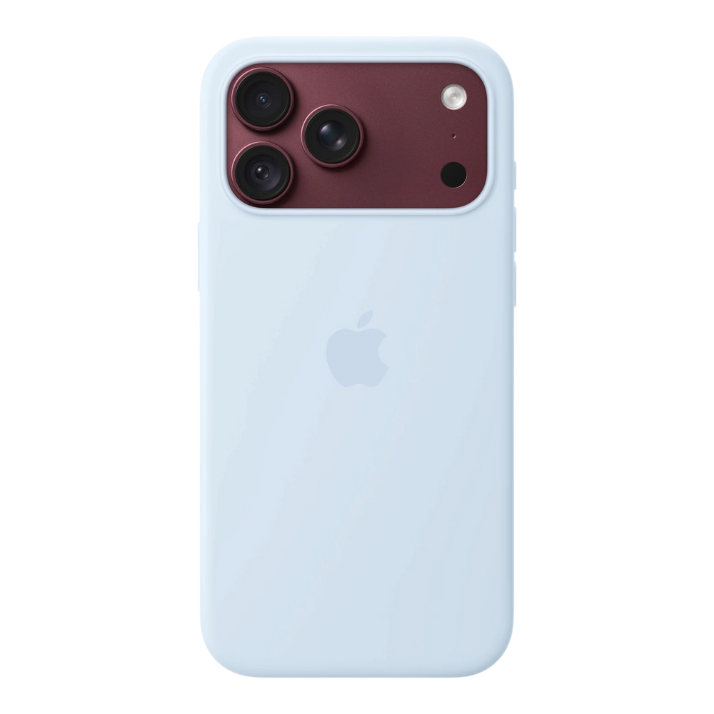 iPhone 18 Pro Max Silicone Case with MagSafe - Crisp Blue, back view on iPhone 18 Pro Max in burgundy