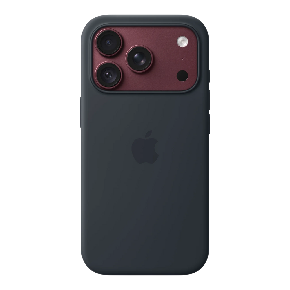 iPhone 18 Pro Silicone Case with MagSafe - Navy Blue, back view on iPhone 18 Pro in burgundy