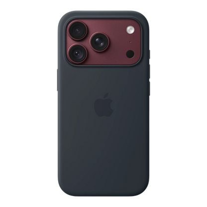 iPhone 18 Pro Silicone Case with MagSafe - Navy Blue, back view on iPhone 18 Pro in burgundy