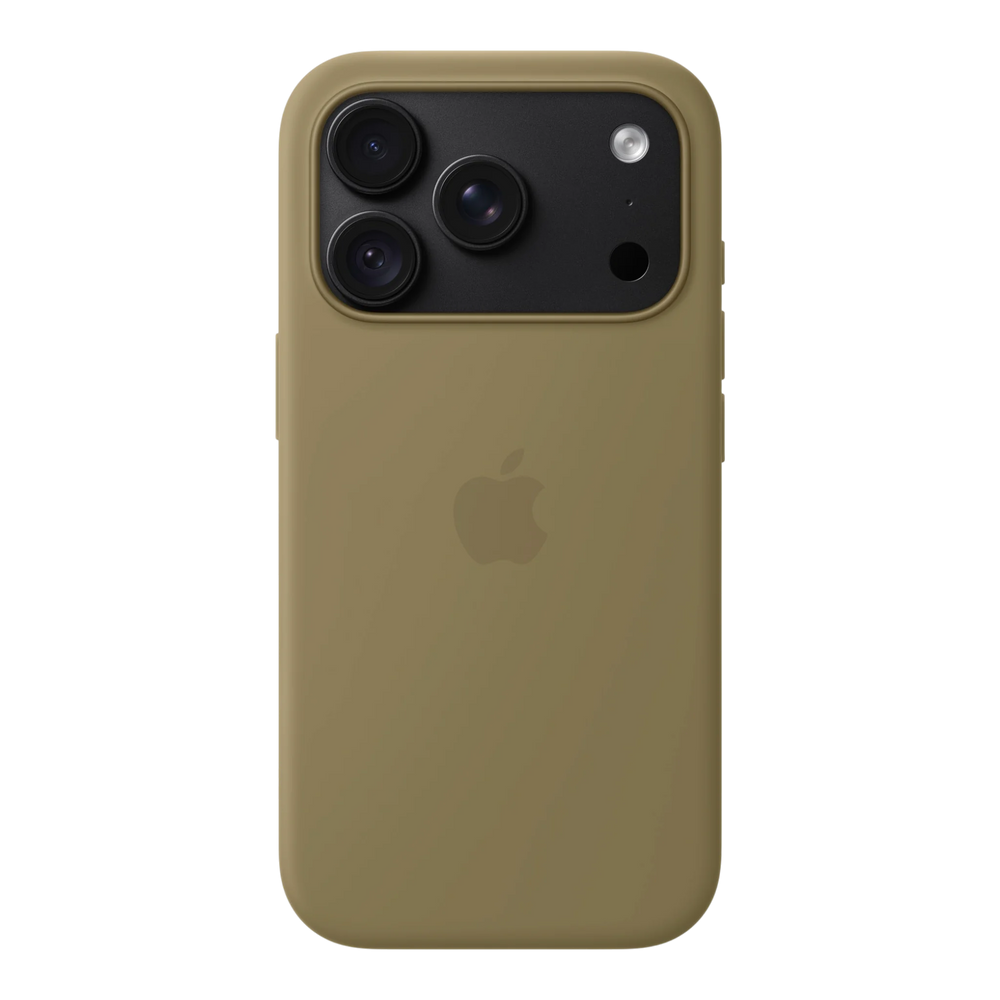 iPhone 18 Pro Silicone Case with MagSafe - Olive, back view on iPhone 18 Pro in black
