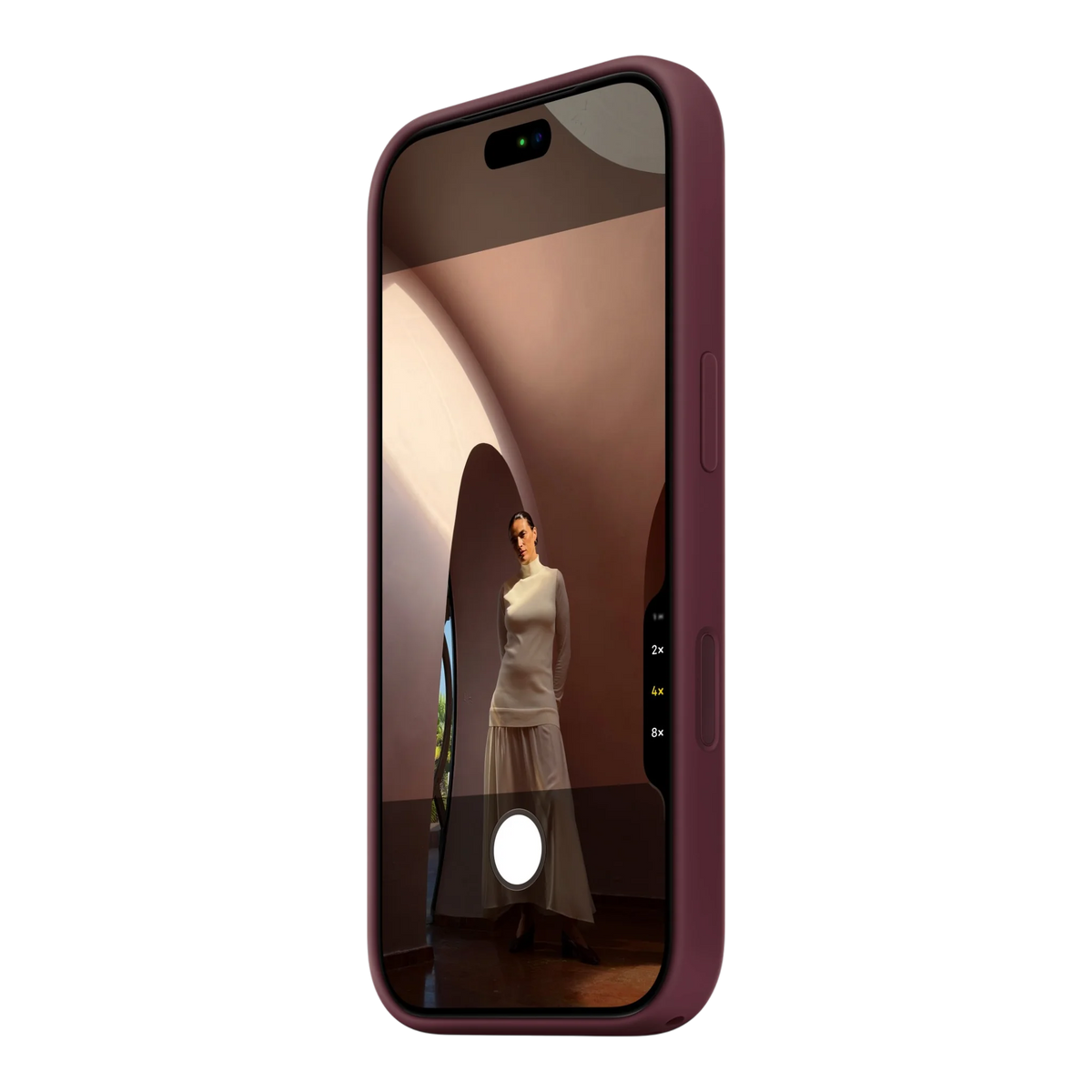 iPhone 18 Pro Silicone Case with MagSafe - Burgundy, side view on iPhone 18 Pro