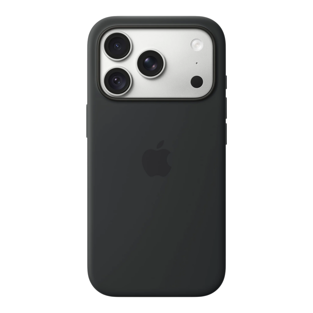 iPhone 18 Pro Silicone Case with MagSafe - Black, back view on iPhone 18 Pro in silver
