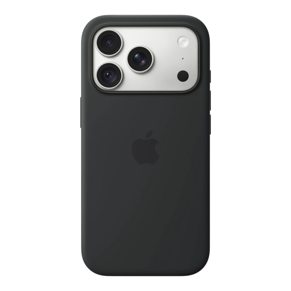 iPhone 18 Pro Silicone Case with MagSafe - Black, back view on iPhone 18 Pro in silver