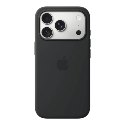 iPhone 18 Pro Silicone Case with MagSafe - Black, back view on iPhone 18 Pro in silver