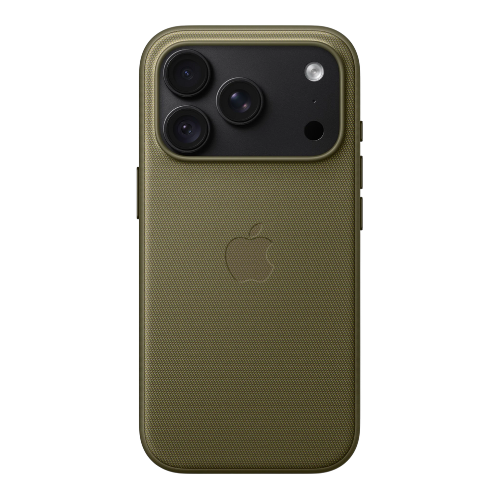 iPhone 18 Pro TechWoven Case with MagSafe – Olive, back view on iPhone 18 Pro in black