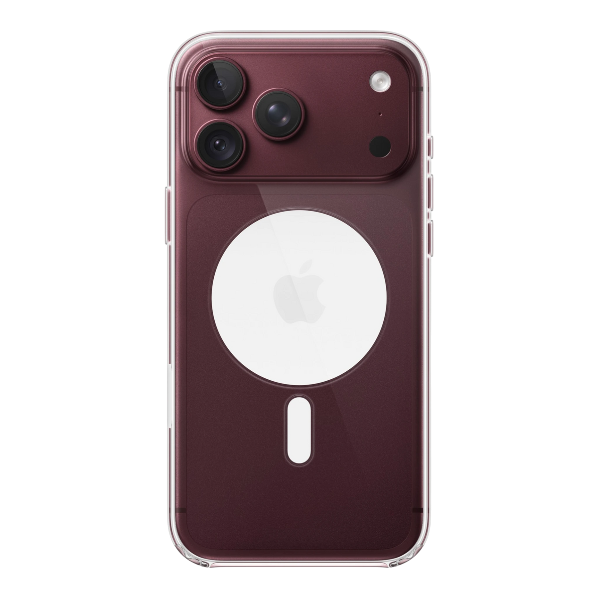 iPhone 18 Pro Max Clear Case with MagSafe, back view on iPhone 18 Pro Max in burgundy
