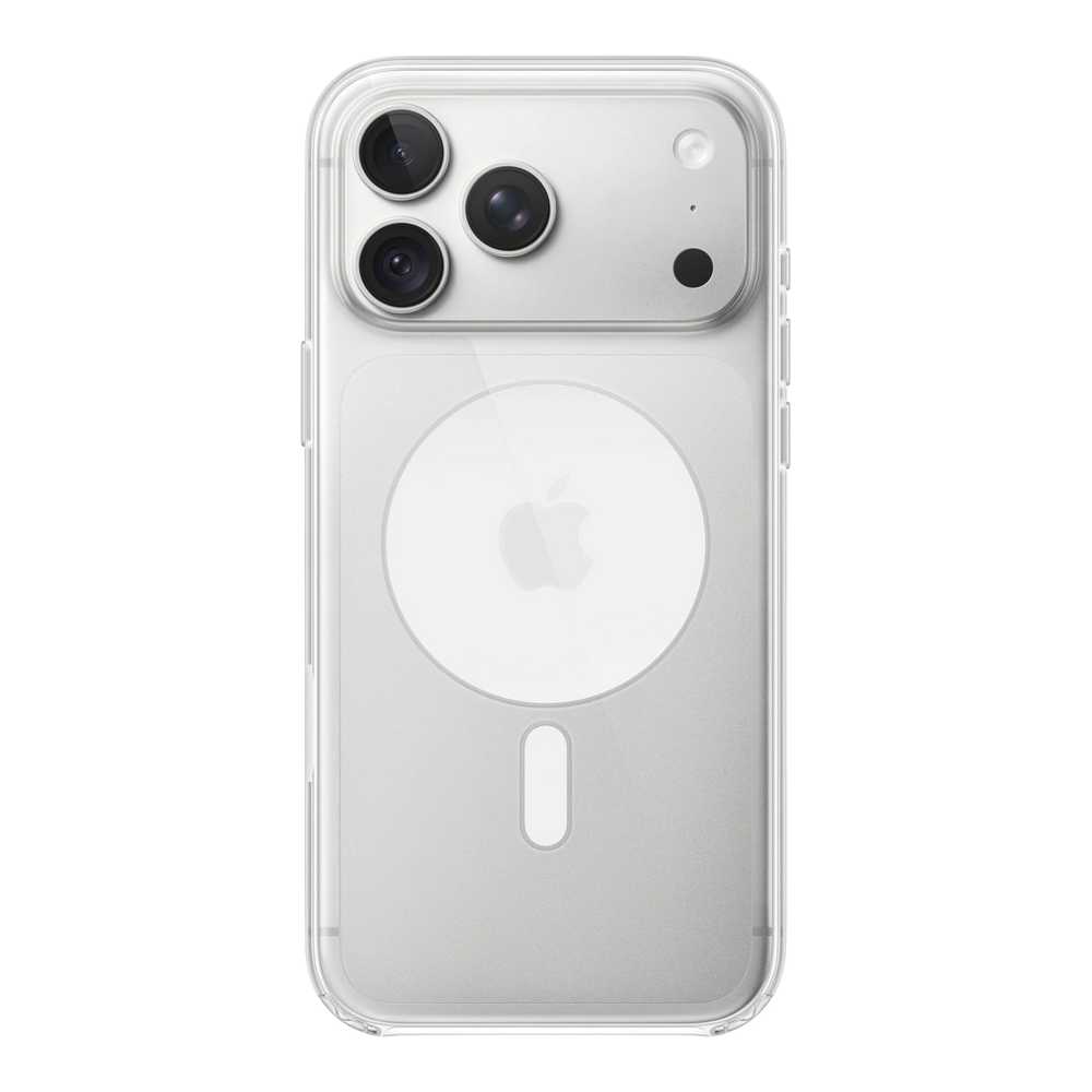 iPhone 18 Pro Max Clear Case with MagSafe, back view on iPhone 18 Pro Max in silver