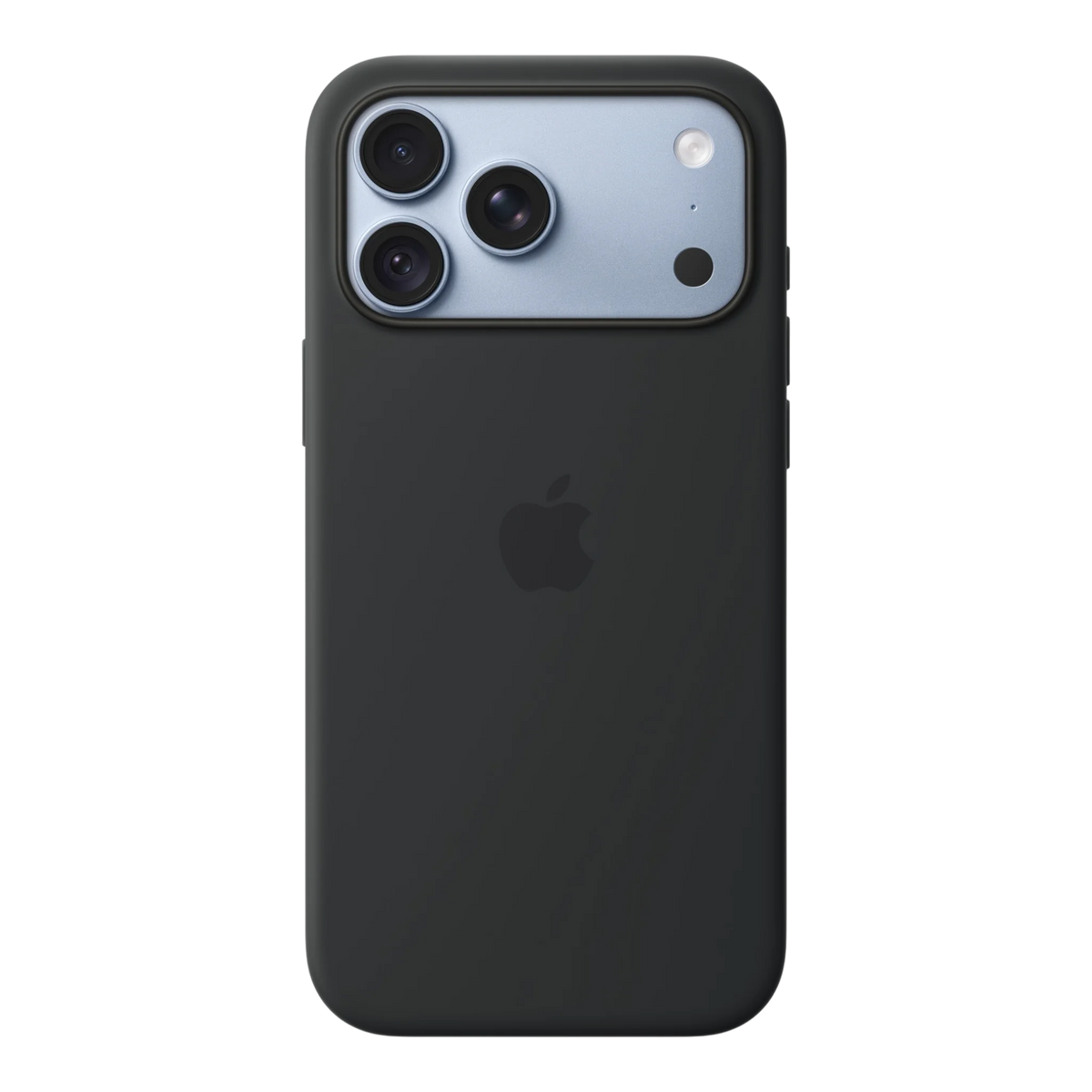 iPhone 18 Pro Max Silicone Case with MagSafe - Black, back view on iPhone 18 Pro Max in glacier